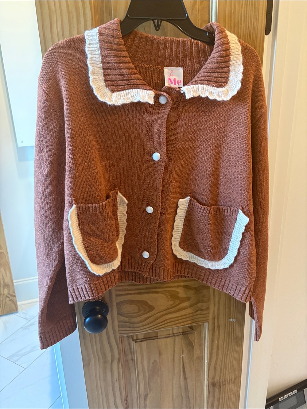 So Me Rust Brown Cardigan with Cream Ruffle Trim
